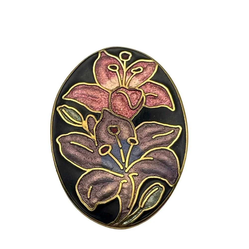Vtg Fish & Crown Purple & Pink Oval Floral Flower Cloisonne Gold Tone Brooch Pin